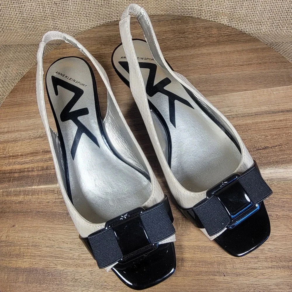 Anne Klein Sport Beckee Slingback Wedge Sandals Open Toe Cream Black Women's 6M